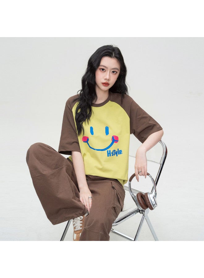 Hstyle Drop Shoulder Color Block Design Korean Loose Short Sleeve T-shirt Slimming Smiley Print Casual College Style Women's Top - Image 3