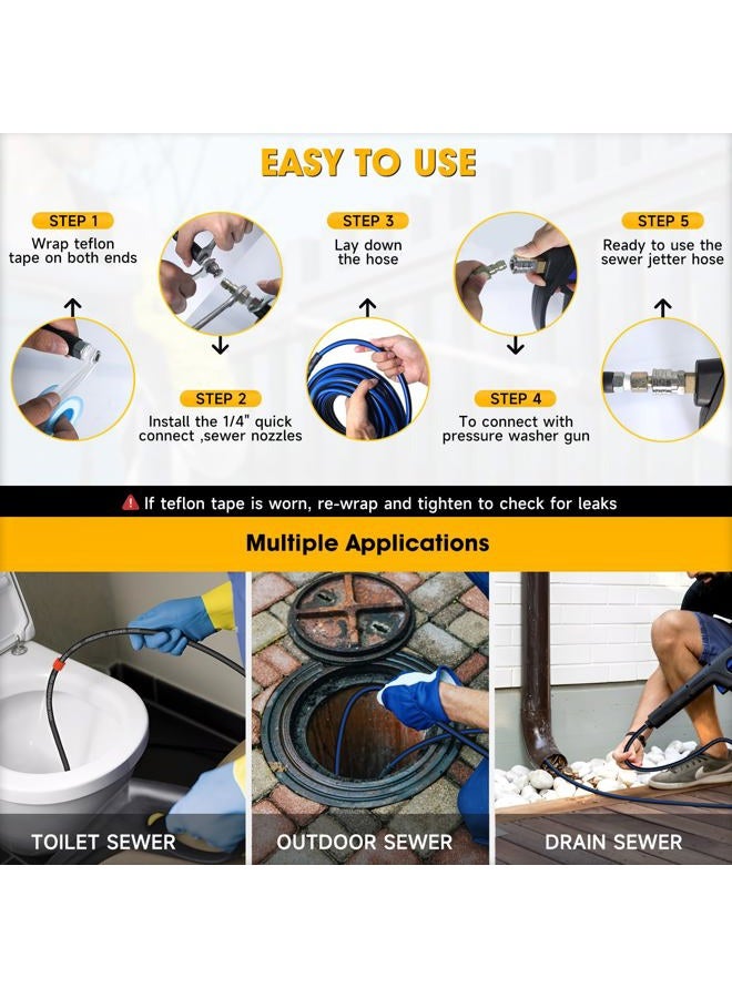 TUTULUCK Sewer Jetter Kit for Pressure Washer 50ft – 5800PSI drain jetter hose 1/4 Inch NPT Corner with Watering Spray Nozzle, Rotating and Button Hose Sewer Jetting Nozzles & Easy-to-Store Strap - Image 5