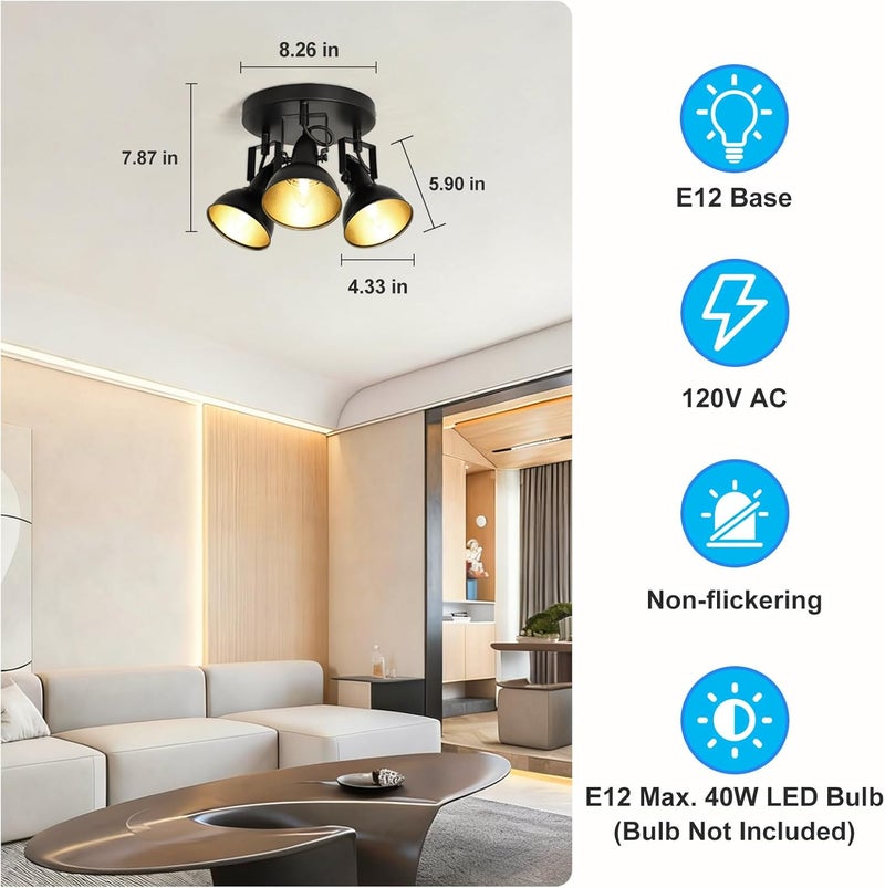 Depuley Ceiling Track Light Fixture: 3-Light Round Led Track Lighting Kit - Flush Mount Ceiling Spotlights Flexibly Adjustable Decorative Accent Lamp for Kitchen Living Room Bedroom Hallway E12 Base - Image 4