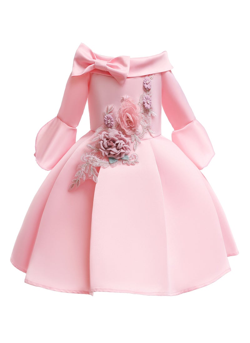 Loquat - Princess Flower Off Shoulder Mid Sleeved Skirt Dress Maxi Dress Pink - Image 1