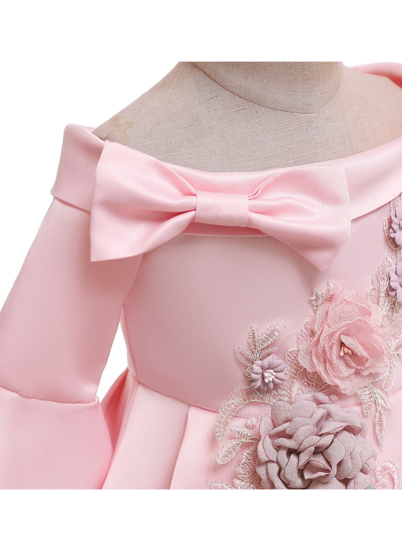 Loquat - Princess Flower Off Shoulder Mid Sleeved Skirt Dress Maxi Dress Pink - Image 1