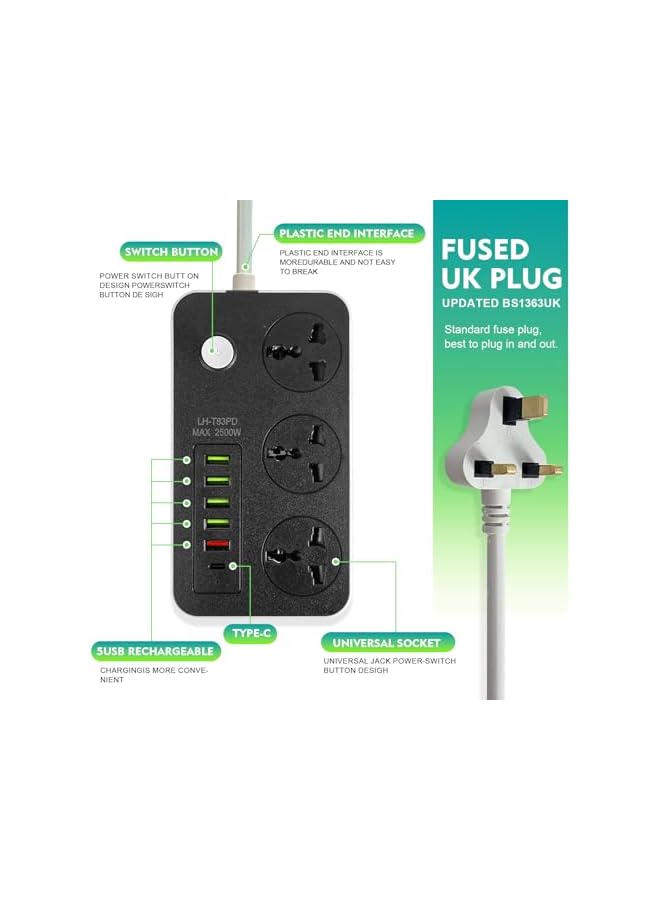 promass Power Strips Extension Cords 3 Outlets, Universal Power Socket with 5 USB & 1 Type-C Ports, 2M Bold Extension Cord Plug Adapter for Home, Office, Kitchen - Image 3