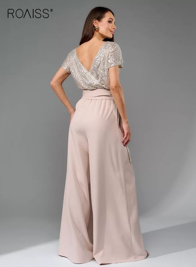 roaiss Elegant Sequin Jumpsuit for Women Champagne Silver tops Short Sleeve And Apricot Long Pants Flowy Silhouette Ladies Stylish One-Piece Jumpsuit with Waistband Suitable for Daily Evening Parties - Image 2