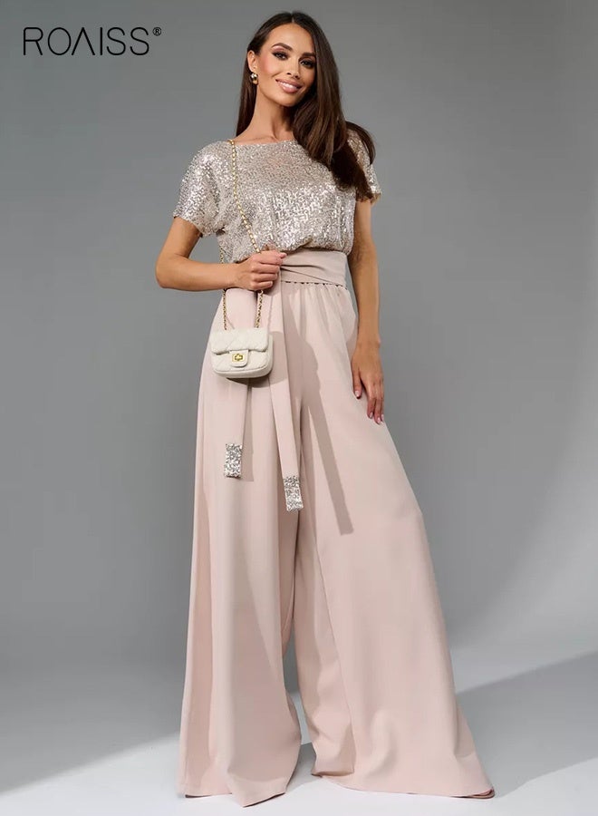 roaiss Elegant Sequin Jumpsuit for Women Champagne Silver tops Short Sleeve And Apricot Long Pants Flowy Silhouette Ladies Stylish One-Piece Jumpsuit with Waistband Suitable for Daily Evening Parties - Image 3