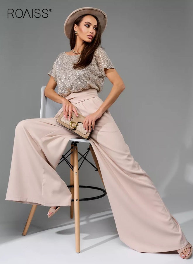 roaiss Elegant Sequin Jumpsuit for Women Champagne Silver tops Short Sleeve And Apricot Long Pants Flowy Silhouette Ladies Stylish One-Piece Jumpsuit with Waistband Suitable for Daily Evening Parties - Image 1