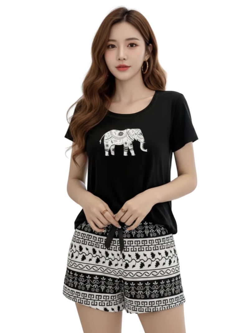 Celary Korean Style Women Cute Printed Night Suit Set | Soft Cotton Blend T-Shirt & Pyjama | Elephant Design | Summer Sleepwear for Ladies - Image 1