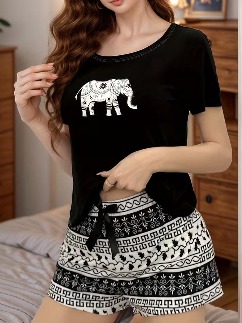 Celary Korean Style Women Cute Printed Night Suit Set | Soft Cotton Blend T-Shirt & Pyjama | Elephant Design | Summer Sleepwear for Ladies - Image 4