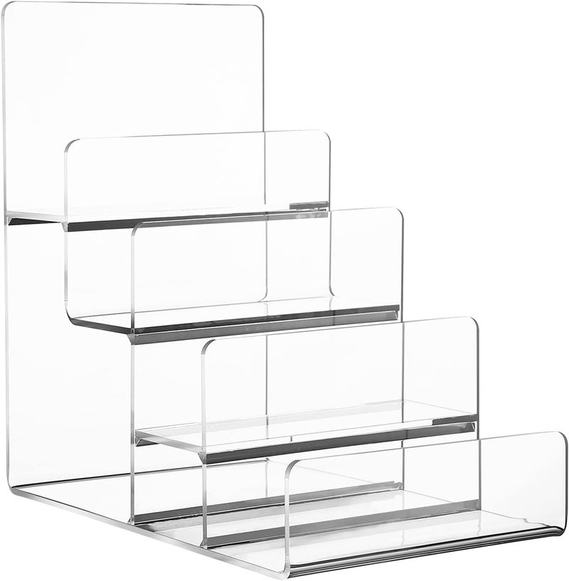 BEST MEDIA Acrylic Display Stand, 4-Tier Clear Shelf for Perfume, Purse, Cologne, Jewelry, and Collectibles, Desktop Acrylic Riser Rack for Retail or Home Use, 16 x 15.5 x 10 cm, Clear