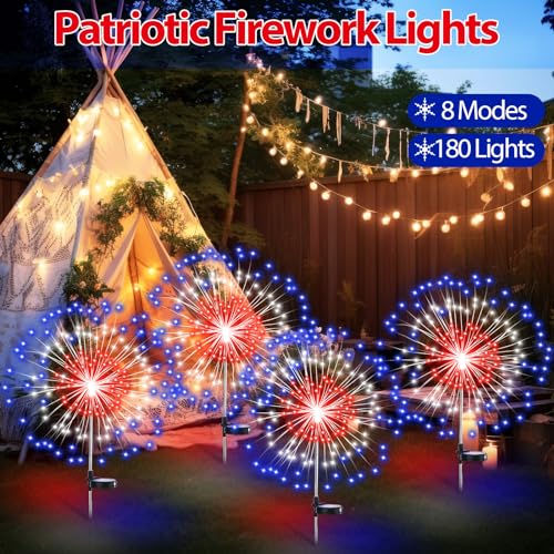 Tujoe 4 Pack Solar Firework Lights Decorations Garden Pathway Solar Power Light Stake Waterproof Landscape Lamp with 180 LED 8 Modes for Christmas 4th of July Party Decoration (Red, White, Blue) - Image 3