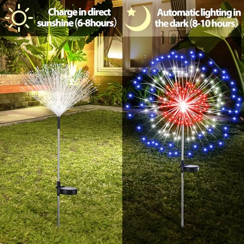 Tujoe 4 Pack Solar Firework Lights Decorations Garden Pathway Solar Power Light Stake Waterproof Landscape Lamp with 180 LED 8 Modes for Christmas 4th of July Party Decoration (Red, White, Blue) - Image 4