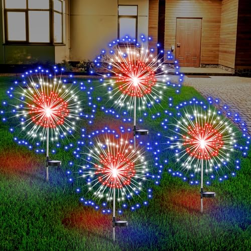 Tujoe 4 Pack Solar Firework Lights Decorations Garden Pathway Solar Power Light Stake Waterproof Landscape Lamp with 180 LED 8 Modes for Christmas 4th of July Party Decoration (Red, White, Blue) - Image 1