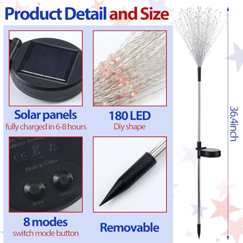 Tujoe 4 Pack Solar Firework Lights Decorations Garden Pathway Solar Power Light Stake Waterproof Landscape Lamp with 180 LED 8 Modes for Christmas 4th of July Party Decoration (Red, White, Blue) - Image 2