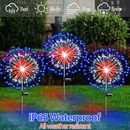 Tujoe 4 Pack Solar Firework Lights Decorations Garden Pathway Solar Power Light Stake Waterproof Landscape Lamp with 180 LED 8 Modes for Christmas 4th of July Party Decoration (Red, White, Blue) - Image 5