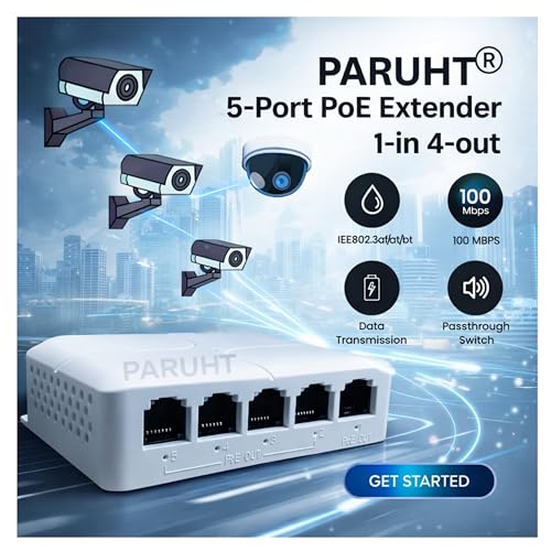 PARUHT 5-Port PoE Extender, 1 Input 4 Output, 90W IEEE802.3af/at/bt PoE Repeater, 100Mbps Passthrough Switch, Wall & DIN-Rail Mount, White POE1IN4OUT - Image 2