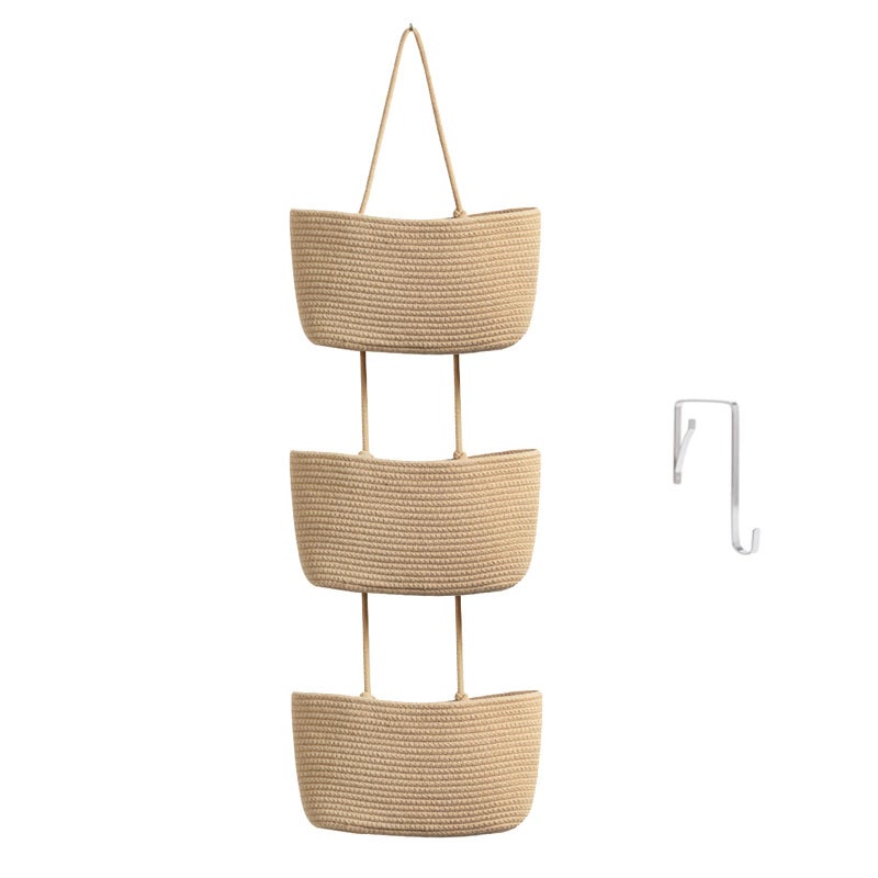 TeoKJ Over the Door Hanging Basket, 3-Tier Woven Cotton Wall-Mounted Storage Organizer Bag Decorative Hanging Nursery Baskets - Jute - Image 1