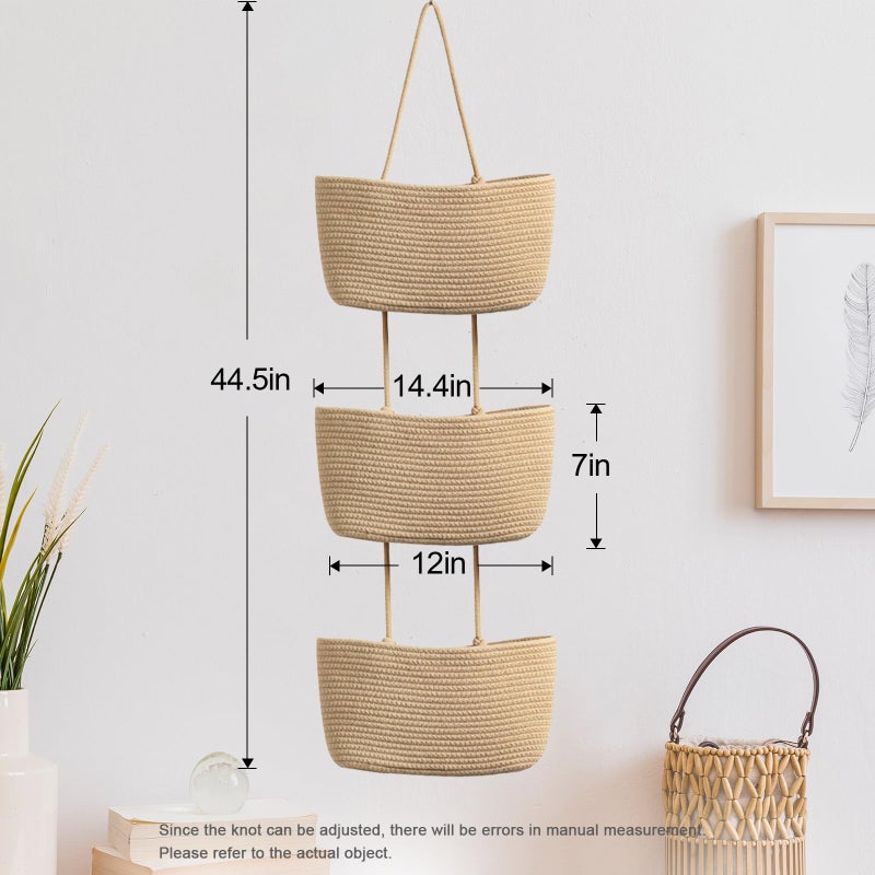 TeoKJ Over the Door Hanging Basket, 3-Tier Woven Cotton Wall-Mounted Storage Organizer Bag Decorative Hanging Nursery Baskets - Jute - Image 3