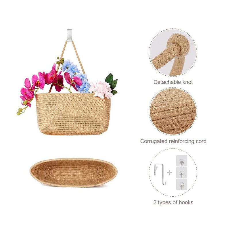 TeoKJ Over the Door Hanging Basket, 3-Tier Woven Cotton Wall-Mounted Storage Organizer Bag Decorative Hanging Nursery Baskets - Jute - Image 4