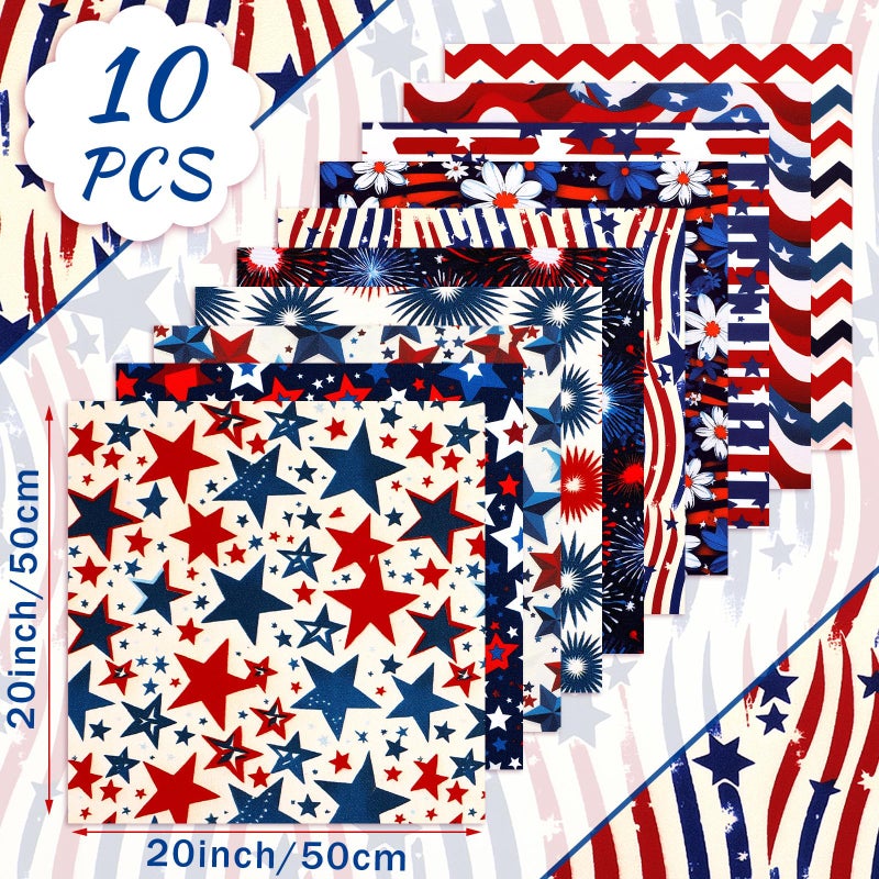 Mindsoft 10 Pcs 20''x 20'' Patriotic Quilting Fabric Square Bundle Red White Blue Precuts Quilted Fabric Strips 4th of July Star Printed Patchwork Supply for Memorial Day Handmade DIY Sewing Craft - Image 2