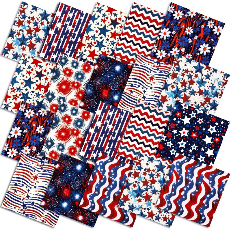 Mindsoft 10 Pcs 20''x 20'' Patriotic Quilting Fabric Square Bundle Red White Blue Precuts Quilted Fabric Strips 4th of July Star Printed Patchwork Supply for Memorial Day Handmade DIY Sewing Craft - Image 1