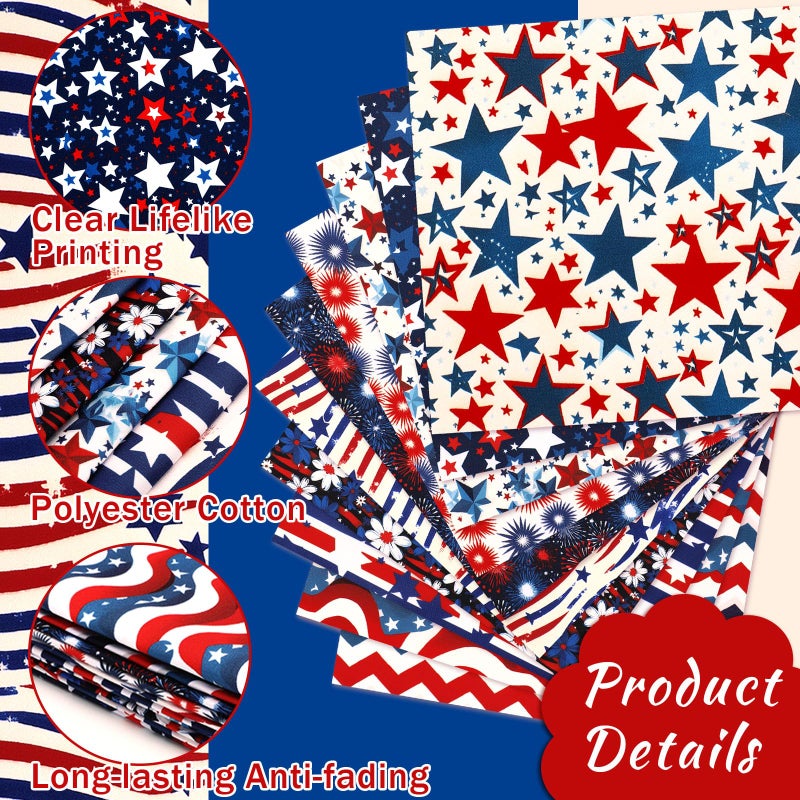 Mindsoft 10 Pcs 20''x 20'' Patriotic Quilting Fabric Square Bundle Red White Blue Precuts Quilted Fabric Strips 4th of July Star Printed Patchwork Supply for Memorial Day Handmade DIY Sewing Craft - Image 3
