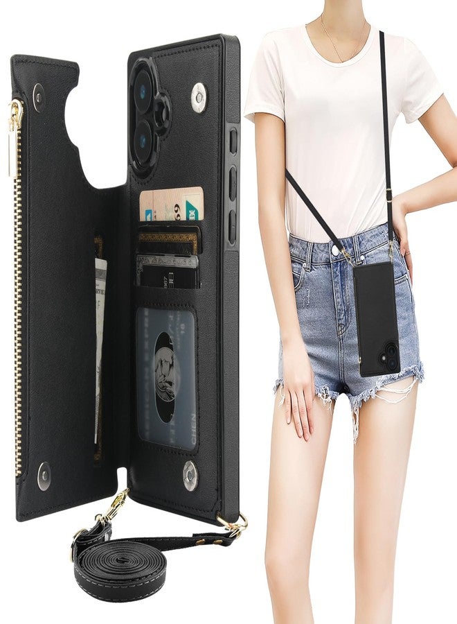Bocasal Crossbody Wallet Case for iPhone 16 Plus with RFID Blocking Card Slot Holder, Magnetic Flip Folio Purse Case, PU Leather Zipper Handbag with Detachable Lanyard Strap 6.7 Inch 5G (Black) - Image 1