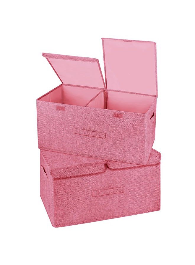 Valease 2 Pack Storage Boxes with Lids and Handles, Collapsible Linen Storage Bins Organizer Containers Baskets Cube with Removable Divider for Home Bedroom Closet Office (Pink, Large) - Image 1