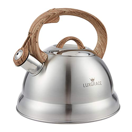 LUXGRACE Creative Home 2.3 Qt. Stainless Steel Whistling Tea Kettle Teapot with Ergonomic Wood Rubber Touching Handle, Satin Finish - Image 1