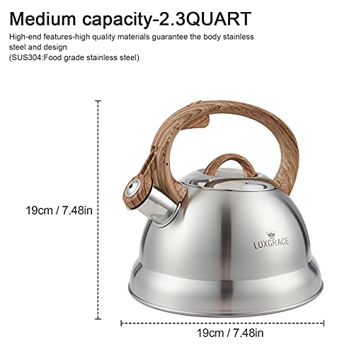 LUXGRACE Creative Home 2.3 Qt. Stainless Steel Whistling Tea Kettle Teapot with Ergonomic Wood Rubber Touching Handle, Satin Finish - Image 5