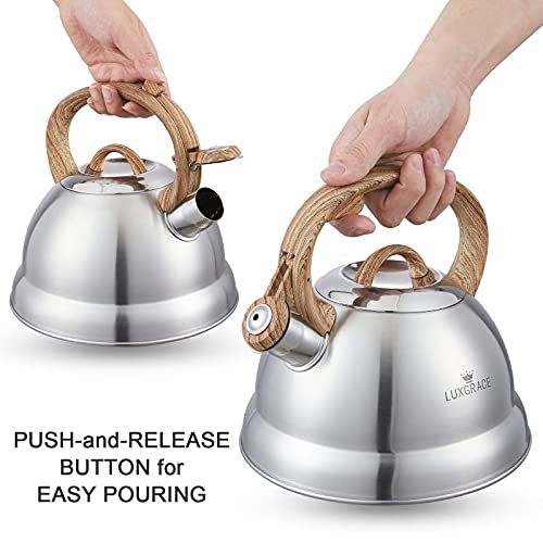 LUXGRACE Creative Home 2.3 Qt. Stainless Steel Whistling Tea Kettle Teapot with Ergonomic Wood Rubber Touching Handle, Satin Finish - Image 3