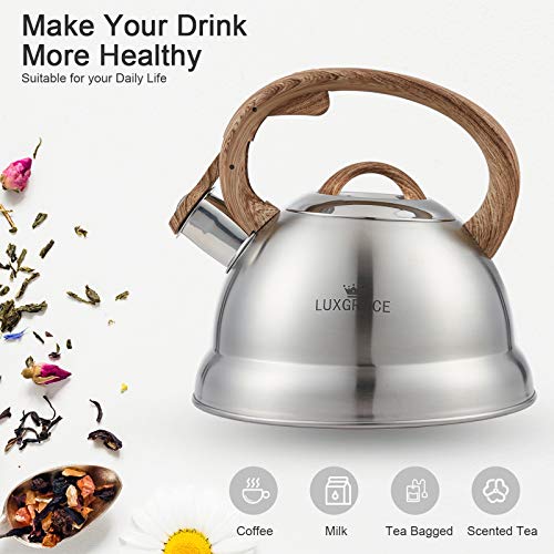 LUXGRACE Creative Home 2.3 Qt. Stainless Steel Whistling Tea Kettle Teapot with Ergonomic Wood Rubber Touching Handle, Satin Finish - Image 2