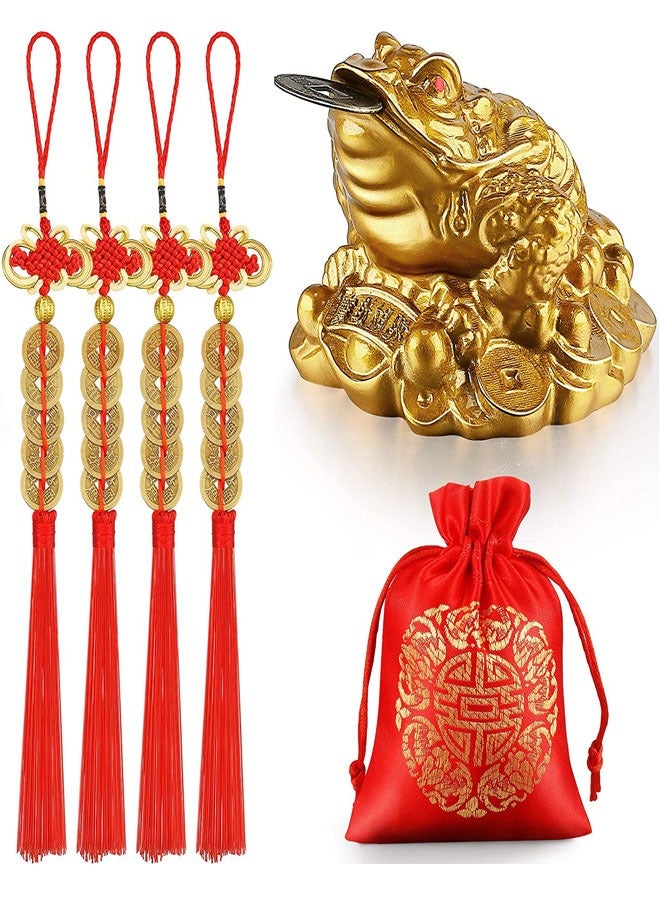 وهاواي Feng Shui Money Frog 4 Pieces Chinese Knot Lucky Coins Feng Shui Red Tassel Hanging Fortune Coin, Red Blessing Bag for Attracting Wealth Success Home Car Decoration - Image 1