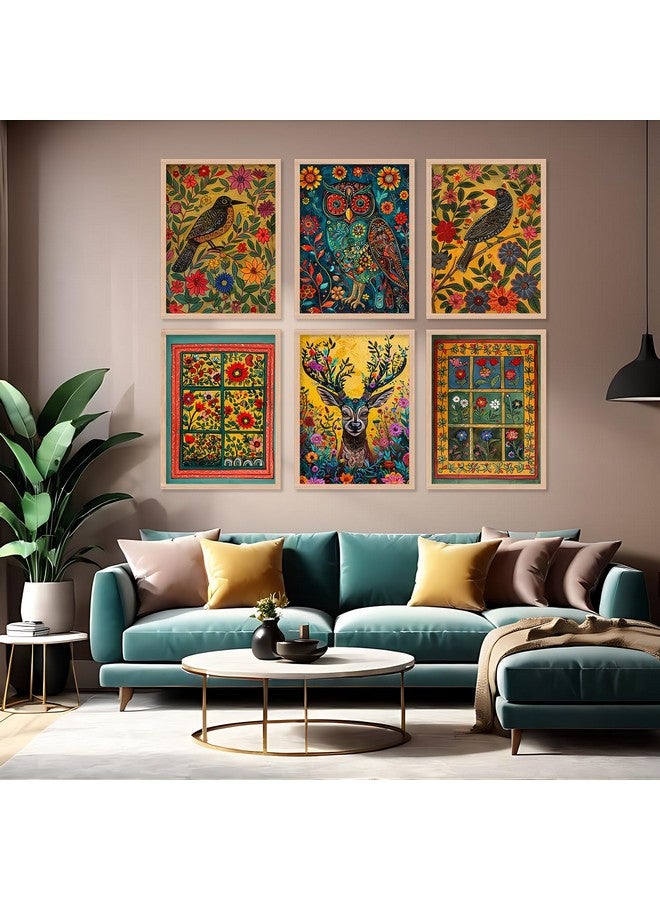 ARTELLY لوحات مدهوباني من أرتيلي لغرفة المعيشة وغرفة النوم - لوحة بيشواي لتزيين الجدران - إطارات كبيرة تقليدية هندية لتزيين جدران المكتب (مجموعة من 6) (فن الجدران 6، 13x17 بوصة) - Image 1