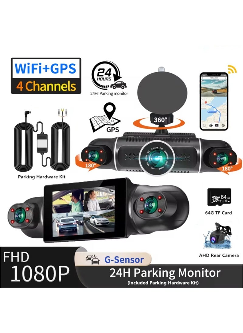 LAESO - Dash Cam, 4 Channel FHD 1080P, 360° All-Around Car DVR System, Built-in WiFi and GPS, Adjustable Lens Dash Camera for Cars with Night Vision, G-Sensor, 24 Hours Parking Mode(Included 64G Card) - Image 1
