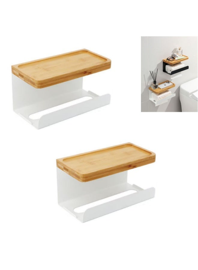 Toilet Paper Holder, Wall Mounted Tissue Box Holder for Bathroom, Multi-Purpose Waterproof Tissue Rack with Bamboo Tray and Metal Rack for Paper Towel Phone (2Pcs, White) - Image 1