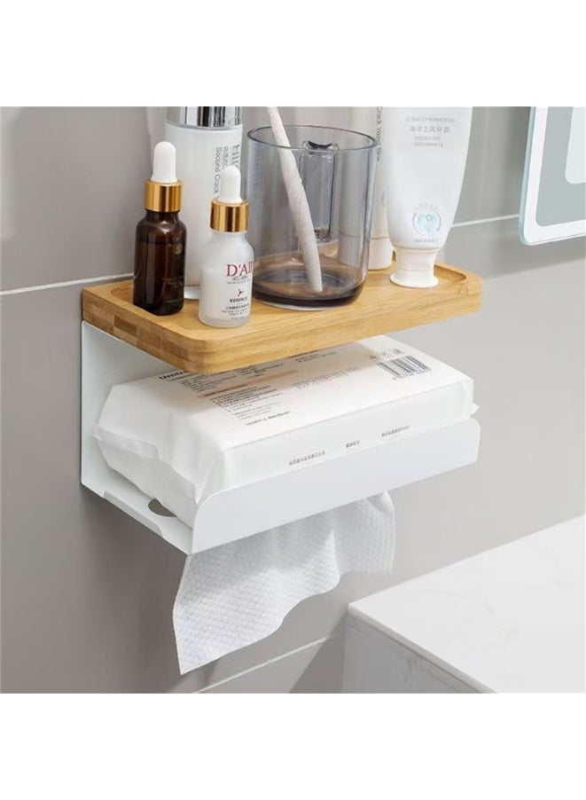 Toilet Paper Holder, Wall Mounted Tissue Box Holder for Bathroom, Multi-Purpose Waterproof Tissue Rack with Bamboo Tray and Metal Rack for Paper Towel Phone (2Pcs, White) - Image 3