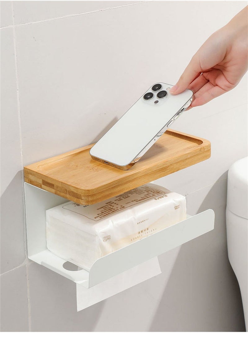 Toilet Paper Holder, Wall Mounted Tissue Box Holder for Bathroom, Multi-Purpose Waterproof Tissue Rack with Bamboo Tray and Metal Rack for Paper Towel Phone (2Pcs, White) - Image 2