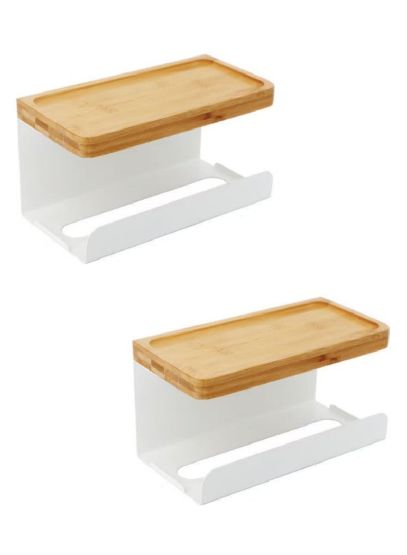Toilet Paper Holder, Wall Mounted Tissue Box Holder for Bathroom, Multi-Purpose Waterproof Tissue Rack with Bamboo Tray and Metal Rack for Paper Towel Phone (2Pcs, White) - Image 4