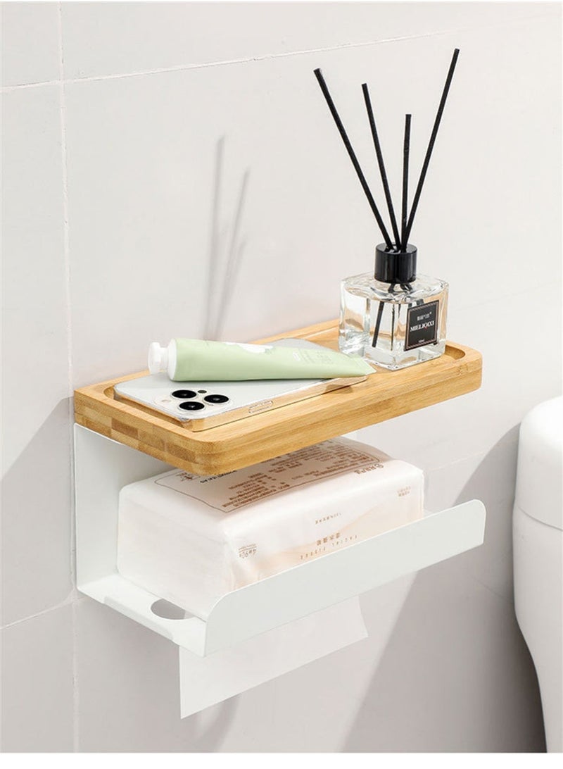 Toilet Paper Holder, Wall Mounted Tissue Box Holder for Bathroom, Multi-Purpose Waterproof Tissue Rack with Bamboo Tray and Metal Rack for Paper Towel Phone (2Pcs, White) - Image 5