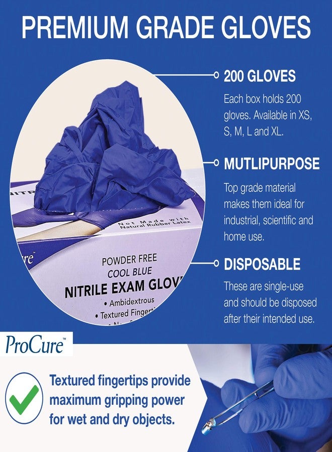 ProCure [200 Count Disposable Nitrile Gloves Medium - Powder Free, Rubber Latex Free, Medical Exam Grade, Non Sterile, Ambidextrous - Soft with Textured Tips - Cool Blue - Image 2