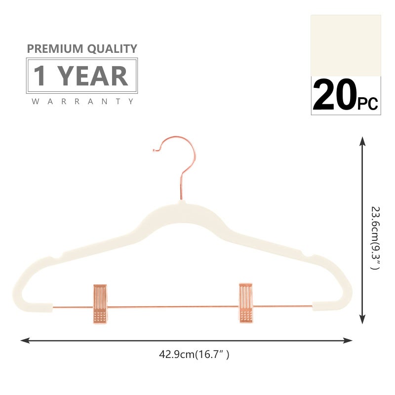 MIZGI Premium Velvet Pants Hangers with Clips (Pack of 20) - Slim Skirt Hangers - Non Slip Felt - Ivory - Copper/Rose Gold Hooks - Space Saving Shirt Clothes Hangers - Image 2