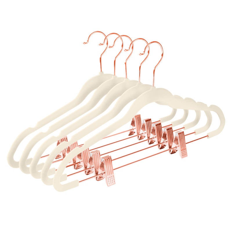 MIZGI Premium Velvet Pants Hangers with Clips (Pack of 20) - Slim Skirt Hangers - Non Slip Felt - Ivory - Copper/Rose Gold Hooks - Space Saving Shirt Clothes Hangers - Image 1