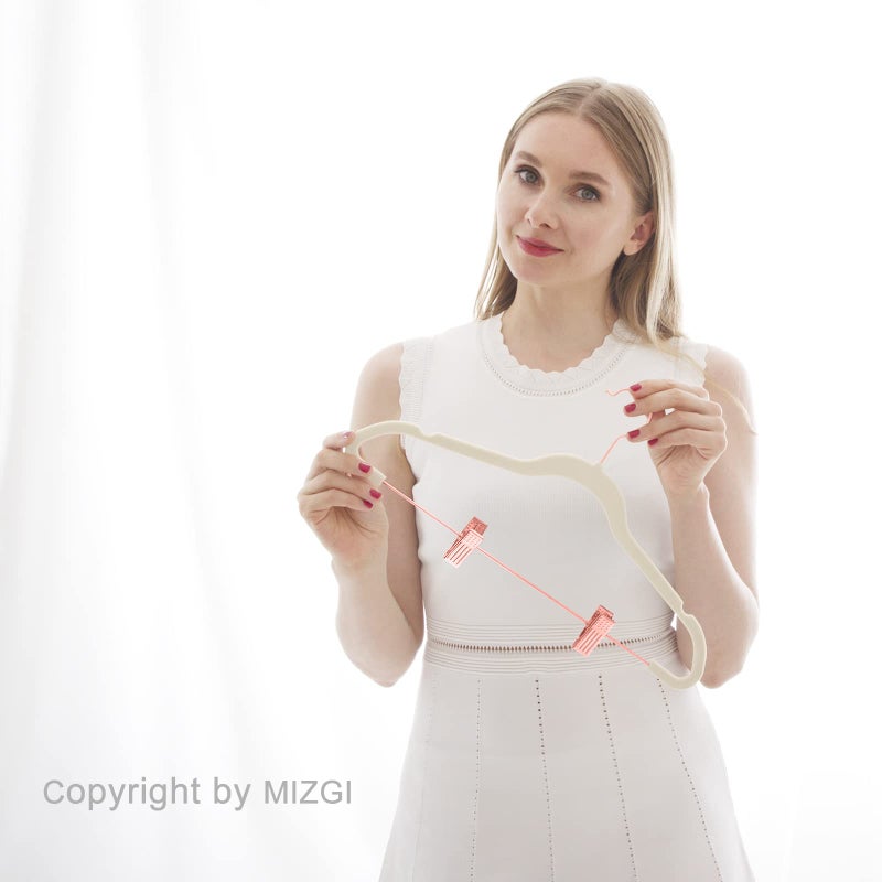 MIZGI Premium Velvet Pants Hangers with Clips (Pack of 20) - Slim Skirt Hangers - Non Slip Felt - Ivory - Copper/Rose Gold Hooks - Space Saving Shirt Clothes Hangers - Image 5