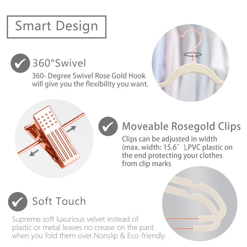 MIZGI Premium Velvet Pants Hangers with Clips (Pack of 20) - Slim Skirt Hangers - Non Slip Felt - Ivory - Copper/Rose Gold Hooks - Space Saving Shirt Clothes Hangers - Image 3