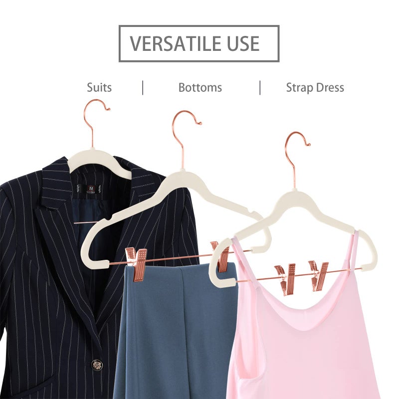 MIZGI Premium Velvet Pants Hangers with Clips (Pack of 20) - Slim Skirt Hangers - Non Slip Felt - Ivory - Copper/Rose Gold Hooks - Space Saving Shirt Clothes Hangers - Image 4