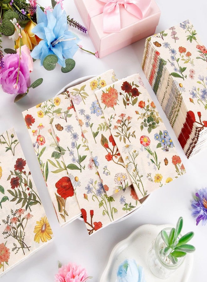 Quera 100 Pcs Floral Paper Napkins Watercolor Flower Disposable Paper Hand Towels Vintage Spring Plants Guest Napkins for Wedding Birthday Table Decor Party Supplies，4.3"*7.8" - Image 3