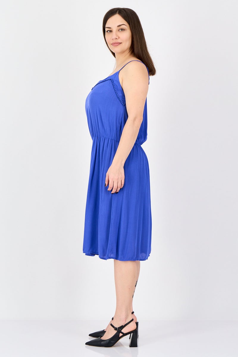 promod Women V-Neck Sleeveless Solid Mini Dress, Blue - Image 3