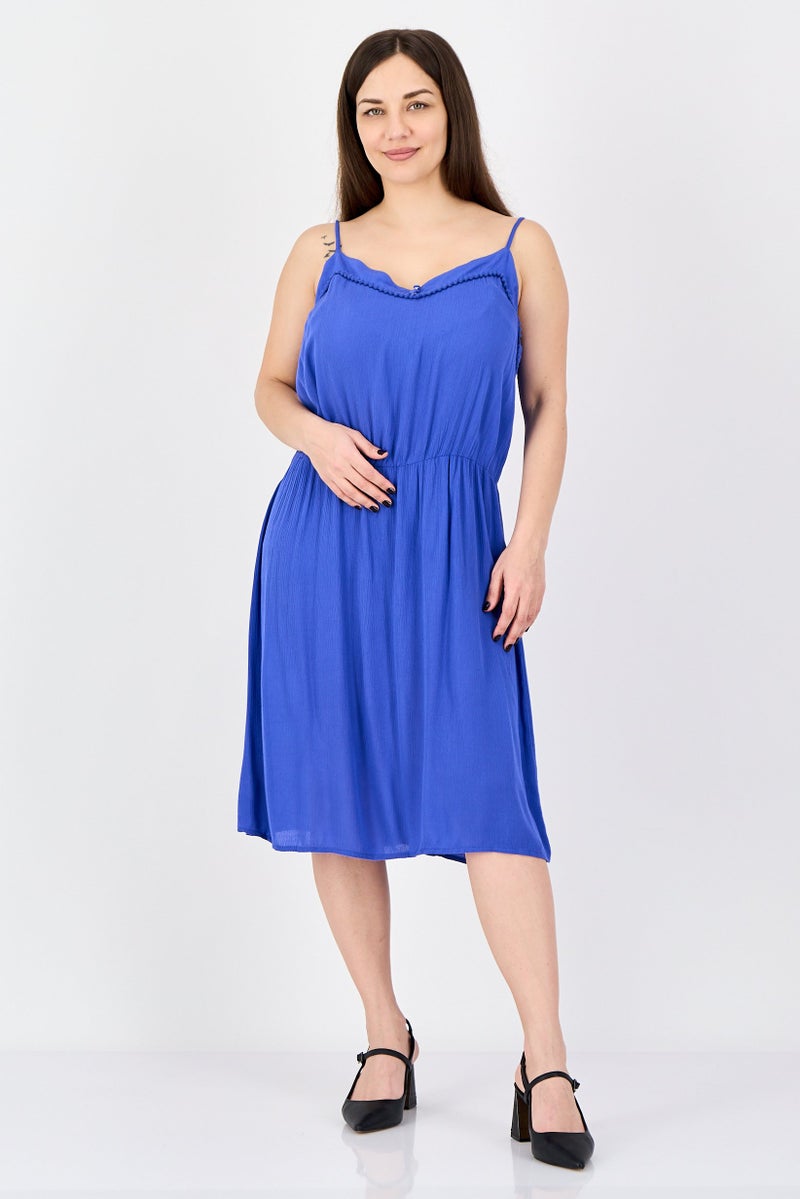 promod Women V-Neck Sleeveless Solid Mini Dress, Blue - Image 1