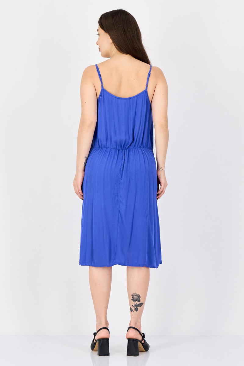 promod Women V-Neck Sleeveless Solid Mini Dress, Blue - Image 4