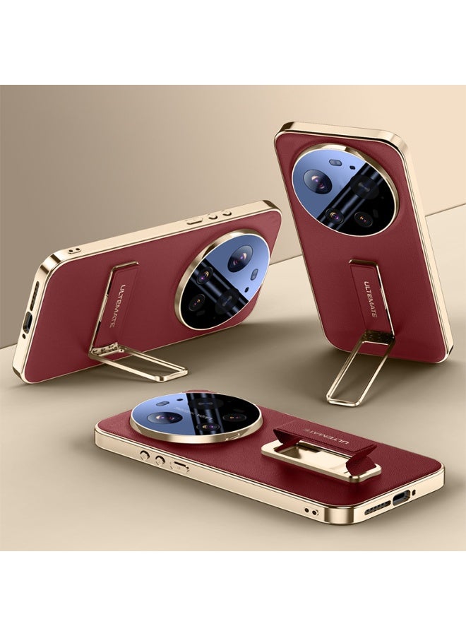 general Leather Case for Xiaomi 17 Ultra, Electroplated Gold Edge Luxury Mini Kickstand Cover Camera Protection Thin Shell - Image 1