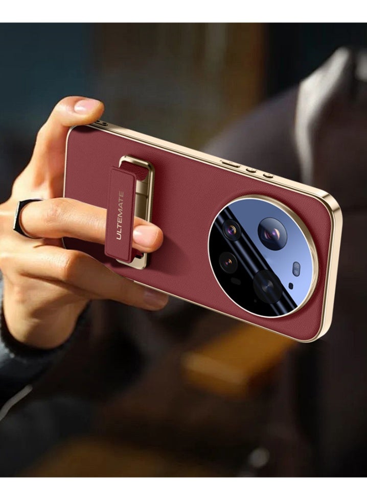 general Leather Case for Xiaomi 17 Ultra, Electroplated Gold Edge Luxury Mini Kickstand Cover Camera Protection Thin Shell - Image 3
